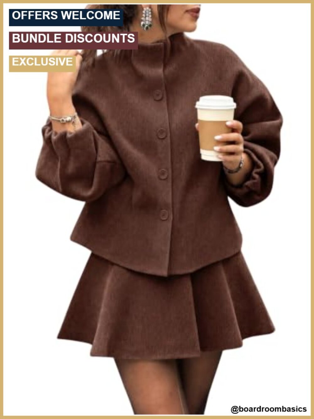 Women's 2 Piece Skirt Set with Puff Sleeve Mock Neck Top and A-Line Mini Skirt,
